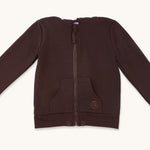 zip up kids hoodie in espresso closeup