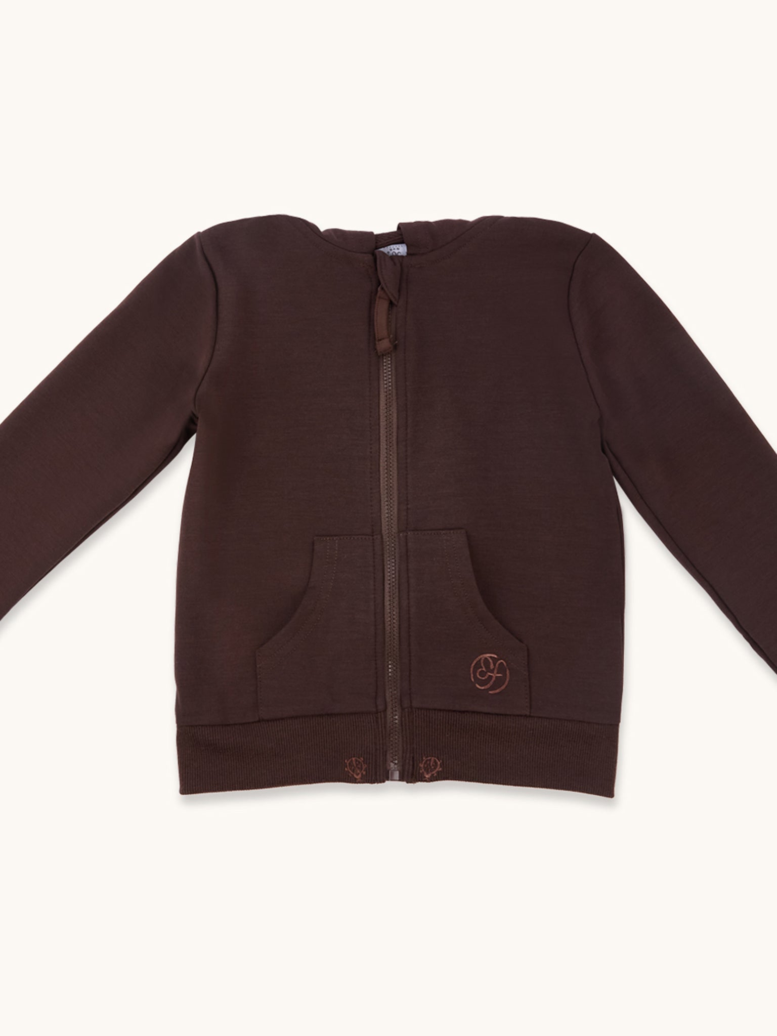 zip up kids hoodie in espresso closeup