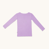 Zoomed-out view of a long sleeve lilac t-shirt for kids from the back.