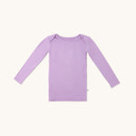 Zoomed-out view of a long sleeve lilac t-shirt for kids from the front.