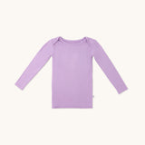 Zoomed-out view of a long sleeve lilac t-shirt for kids from the front.